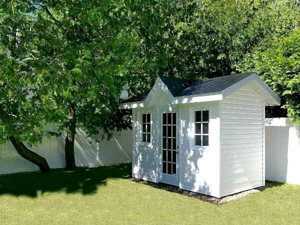Victorian shed with french door, soffits and overhang, large windows, white - Rockcliffe Summit Sheds, Ottawa