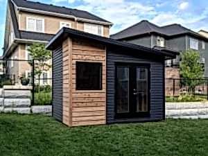 9x12 Artisan shed, modern, black accents, double glass doors, large window, cedar siding and premium vinyl siding - Summit Sheds, Ottawa, Ontario